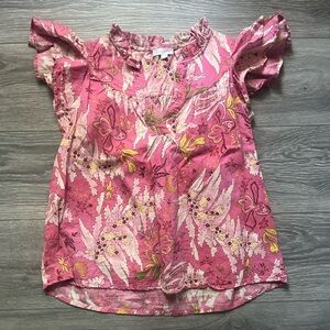 Jennifer & Grace Pink Floral Flutter Sleeve V Neck 100% Cotton Top Size M Casual